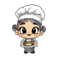 Happy female chef character holding food illustration in doodle style vector