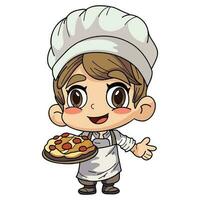 Happy female chef character holding food illustration in doodle style vector