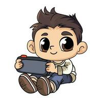 Happy boy with portable game character illustration in doodle style vector