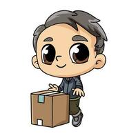contento entrega hombre con paquete caja personaje ilustración en garabatear estilo vector