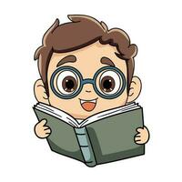 happy boy reading a book illustration in doodle style vector