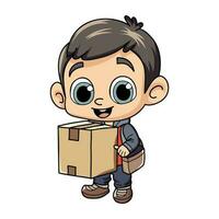 Happy delivery man with package box character illustration in doodle style vector