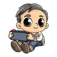 Happy boy with portable game character illustration in doodle style vector