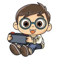 Happy boy with portable game character illustration in doodle style vector