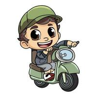 Happy delivery man with scooter character illustration in doodle style vector