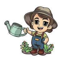 Happy female Farmer with a watering can character illustration in doodle style vector