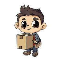 Happy delivery man with package box character illustration in doodle style vector