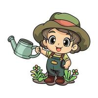 Happy female Farmer with a watering can character illustration in doodle style vector