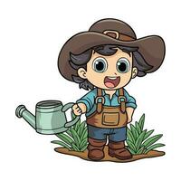 Happy female farmer working hard character illustration in doodle style vector