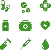 médico icono conjunto vector ilustración. médico icono para diseño acerca de medicina y primero ayuda. médico gráfico recursos para hospital, farmacia, laboratorio y clínica. vector paquete de primero ayuda símbolo conjunto