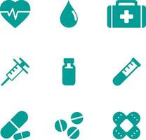 médico icono conjunto vector ilustración. médico icono para diseño acerca de medicina y primero ayuda. médico gráfico recursos para hospital, farmacia, laboratorio y clínica. vector paquete de primero ayuda símbolo conjunto