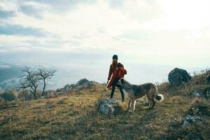woman hiker with dog on nature travel mountains landscape fun photo