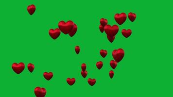 rosso cuori volante animazione nel verde schermo. movimento grafico video animazione per per San Valentino giorno, La madre di giorno, nozze anniversario, saluto carte invito e compleanno sfondo