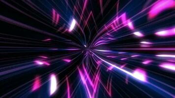 abstrakt glänzend Neon- farbig Rosa und Blau Flüssigkeit Licht Balken und glühend Partikel fliegend gegenüber das Kamera. beschwingt, energisch vj Bewegung Hintergrund. video