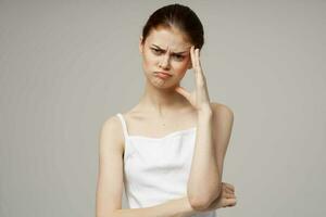 woman headache health problems stress isolated background photo
