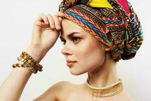 pretty woman multicolored turban fashion ethnicity photo