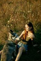 Woman sitting in a field with a dachshund dog smiling while spending time in nature with a friend dog in autumn at sunset photo