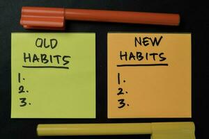 Old Habits and New Habits write on sticky notes isolated on office desk. Supported by an additional services isolated on wooden table. photo