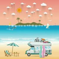 verano playa cámping isla paisaje con caravana camper vector