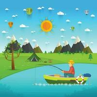 Fisherman sitting in the boat and fishing vector