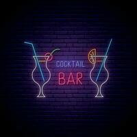 Neon Cocktail bar signboard. Glowing cocktail glasses with straws and text. vector