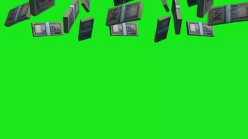 Bangladesh one thousand taka note bundle falling down for 1 minute 3d animation on green screen background, Bangladeshi money stack falling and rotating 3d render animated video