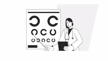 Check vision bw animation. Animated female optometrist near eye chart on wall 2D flat monochromatic thin line character. 4K video concept footage with alpha channel transparency for web design