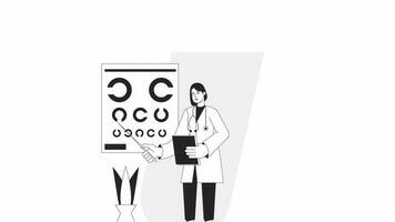 oftalmología bw animación. animado asiático mujer ojo médico 2d plano monocromo Delgado línea personaje. médico cita 4k vídeo concepto imágenes con alfa canal transparencia para web diseño video