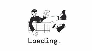 Animated bw online buyer loader. Girl with phone in shopping basket. Flash message 4K video footage. Isolated monochrome loading animation with alpha channel transparency for UI, UX web design