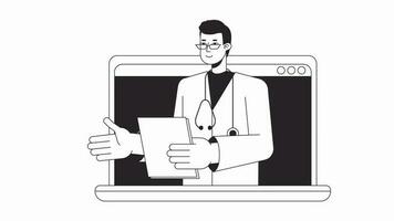 en línea médico consultar bw animación. animado asiático masculino médico en ordenador portátil 2d plano monocromo línea personaje. cita 4k vídeo concepto imágenes con alfa canal transparencia para web diseño video