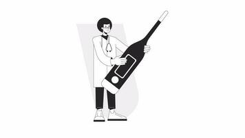 Use digital thermometer bw animation. Animated afro haired medical professional 2D flat monochromatic thin line character. 4K video concept footage with alpha channel transparency for web design