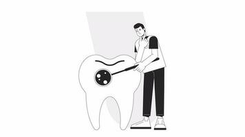 Dental hygiene bw animation. Animated asian male dentist 2D flat monochromatic thin line character. Orthodontist tooth exam 4K video concept footage with alpha channel transparency for web design