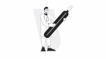 Holding thermometer bw animation. Animated male physician 2D flat monochromatic thin line character. Family medicine doctor 4K video concept footage with alpha channel transparency for web design