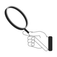 Hand holding magnifying glass bw concept vector spot illustration. Enlarge 2D cartoon flat line monochromatic first view hand for web UI design. Magnifier tool editable isolated outline hero image