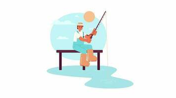 Fishing in morning animation. Animated fisherman with spinning 2D cartoon flat character. Summertime. Fishing season 4K video concept footage on white with alpha channel transparency for web design