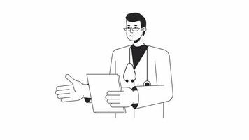 Animated bw smiling male doctor. Asian man physician holding clipboard isolated 2D animation. Cartoon monochrome thin line character 4K video footage, alpha channel transparency for web design