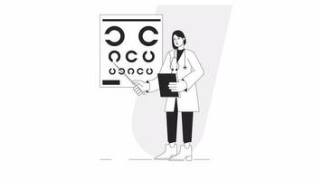 Vision eye test bw animation. Animated female ophthalmologist 2D flat monochromatic thin line character. Optician eye chart 4K video concept footage with alpha channel transparency for web design