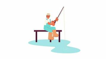 Dock fishing animation. Animated isolated 2D fisher in bucket hat on dock. Summer hobby. Cartoon flat character 4K video footage, white background, alpha channel transparency for web design