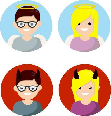 Nice and bad character. Man and woman with halo, wings and horns