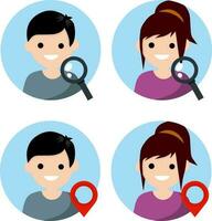 Head of Young boy and girl in circle. App and people. Cartoon flat illustration. Search magnifying glass and red route point. Navigation and Internet vector