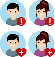 Set of avatars people for social network. Boy and girl. Red exclamation mark, heart with cross. Medical health element and alarm. young nerd man and blond woman. Cartoon flat illustration. Status icon vector