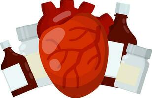 corazón y tableta embalaje. botella de pastillas tratamiento de cardíaco dolor. cardiología y salud. hospital elemento y medicamentos dibujos animados plano ilustración vector