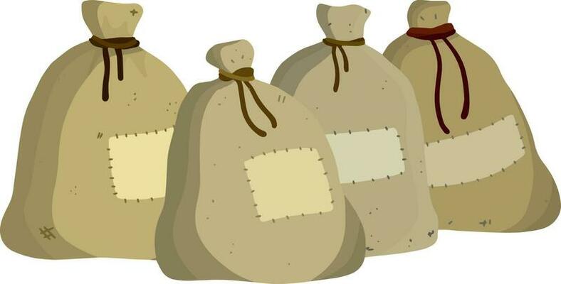 Canvas burlap bag. Cartoon flat illustration. Rustic element for mill. Packaging for storage of grain and flour.