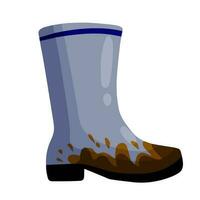 Rubber muddy boot with dirt. Waterproof blue rain shoes for fishing and gardening. vector