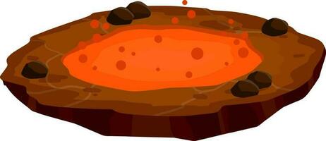 Lava in crater. Eruption. Red hot water in lake. Element of nature, mountain and volcano. Natural disaster, calamity and catastrophe. Brown platform with ground. Cartoon flat illustration vector