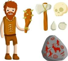 Primitive caveman. Prehistoric hunter. Stone age. Man with an axe or a hammer. Tribal items. Concept of history and archeology. Cartoon flat. Fire and skull vector