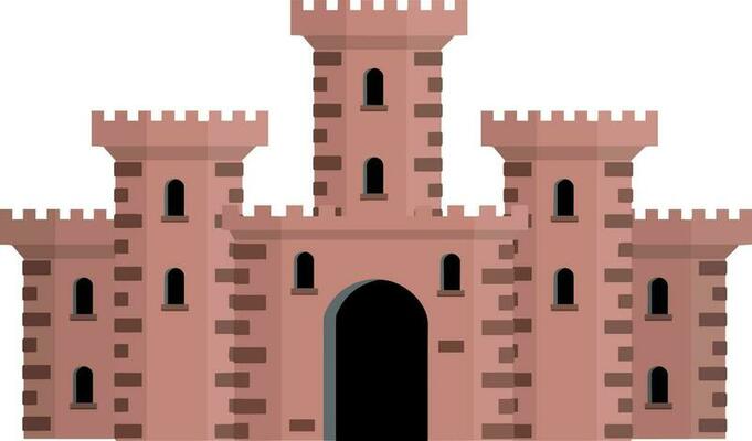 Medieval European stone castle. Knights fortress. Concept of security, protection and defense. Cartoon flat illustration. Military building with walls, gates and big tower.
