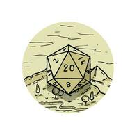 Logo of tabletop RPG game with 20d dice. Natural landscape engraving. Board adventure game. vector