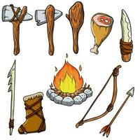 Set of items of primitive man and hunter. Weapons of caveman. Stone age hammer, axe and club. Lifestyle and tool. Cartoon illustration vector