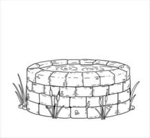 Stone pond. City landmark and decoration. Water tank and small lake. Outline cartoon. Reeds and sedge. vector